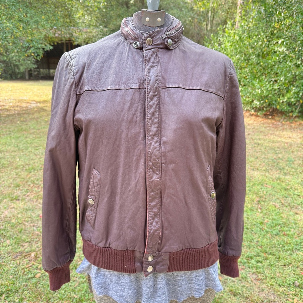 Men’s Vintage Brown Leather Bomber Jacket Quilted Lining Stowaway Hood S/M